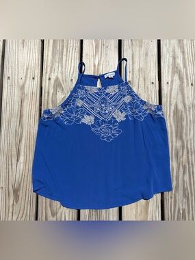 LOVE ON A HANGER TANK TOP A-LINE‎ BLUE EMBROIDERY WOMEN'S SIZE S Flowy